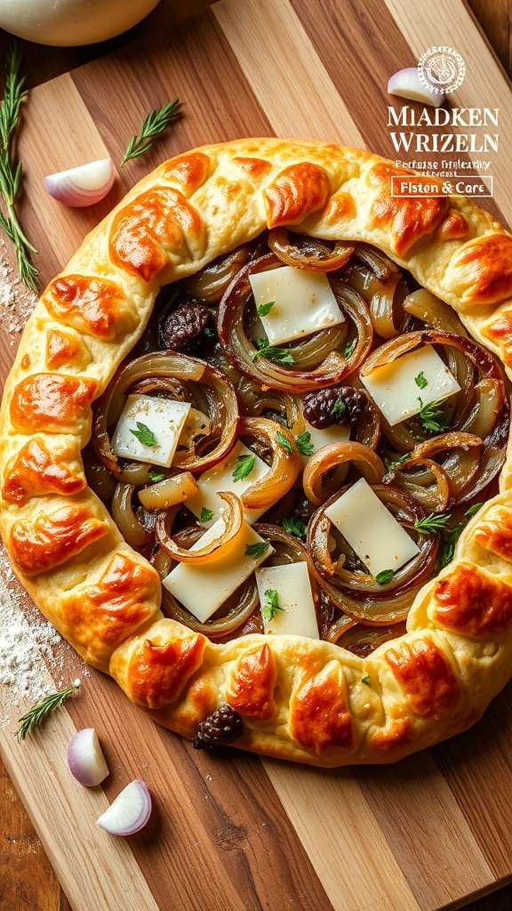 Savory Onion Galette Recipe Savory onion galette with caramelized onions and cheese on a wooden board.